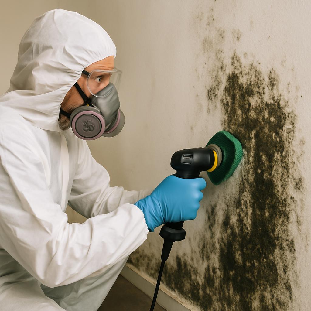 A man in a white hazmat suit and blue gloves is using a drill to remove mold from a wall covered in black mold.