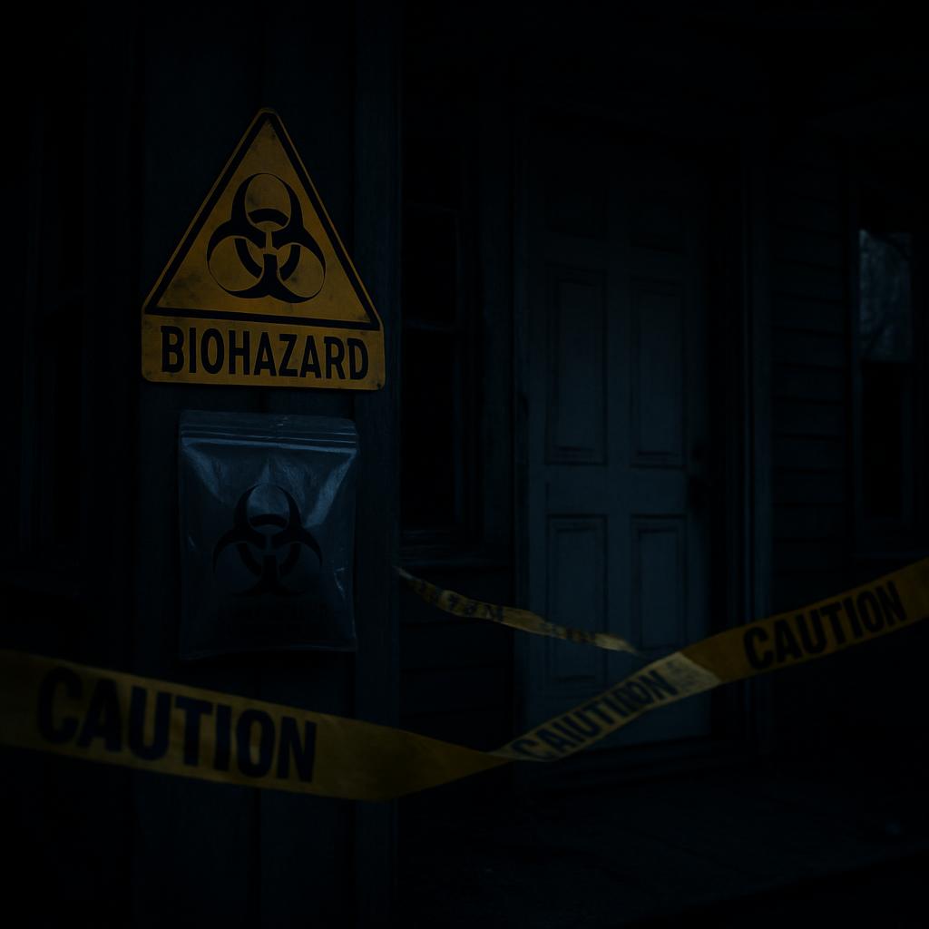 This image depicts a dark, ominous room with biohazard warning signs and yellow caution tape. The setting is dimly lit, wi...