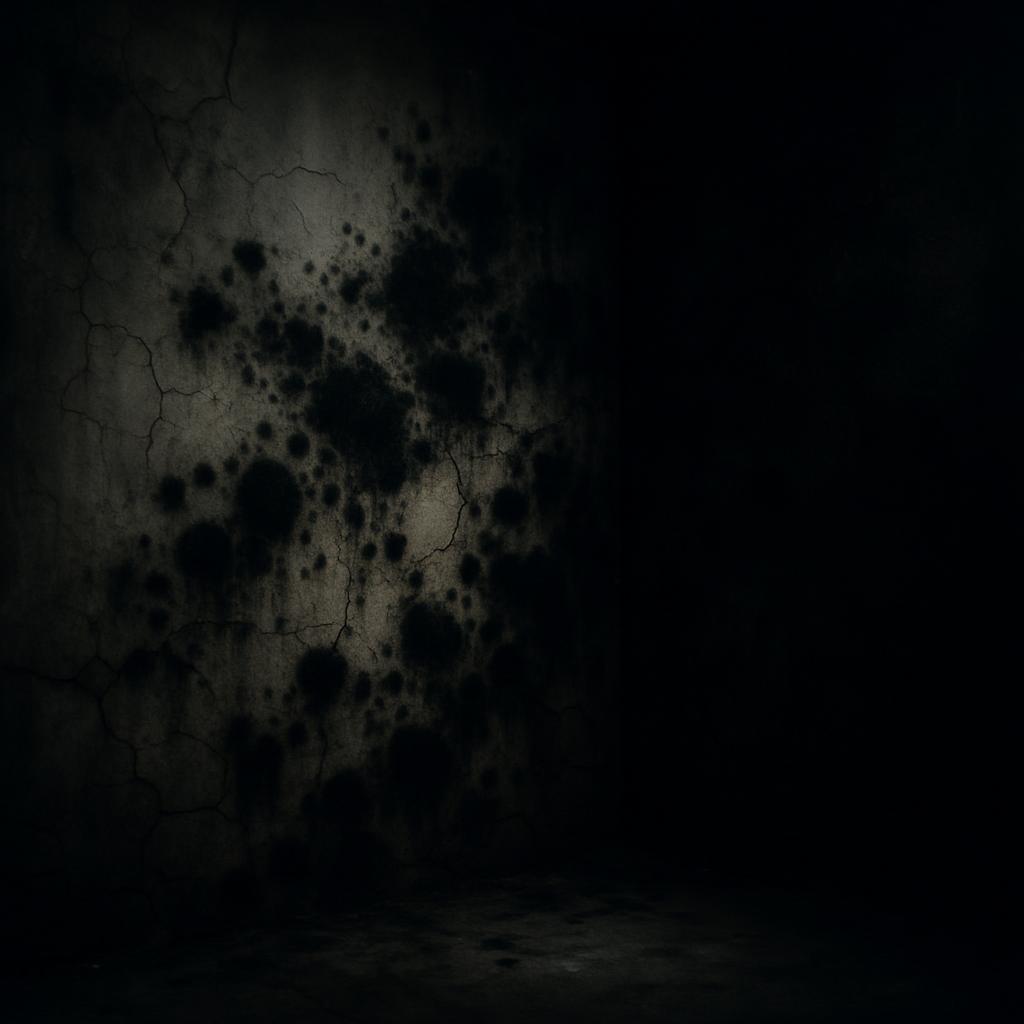 Dark Spotted and Cracked Wall in Shadowy Room with Floor at Bottom, Shading Lighting at Center