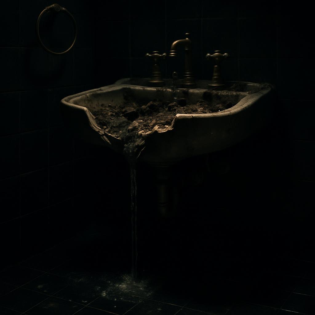 An old, rusty, metal sink sits in a dark room. The sink has a single, grated drain.